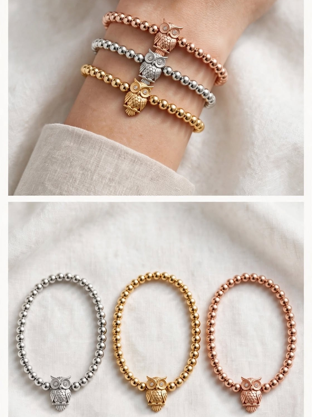 Owl Bead Stretch Bracelet Trio — Gold, Silver & Rose Gold